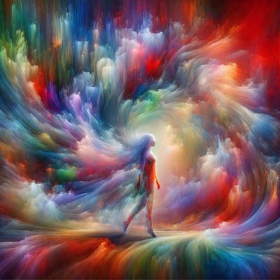 The primary subject of the image is a woman walking through a colorful, swirling, and abstract landscape. The setting is a vibrant, artistic environment with a mix of colors and patterns. The visual style of the image is a combination of digital art and illustration, creating a unique and captivating scene. The colors and mood of the image are lively and energetic, with a sense of movement and dynamism.